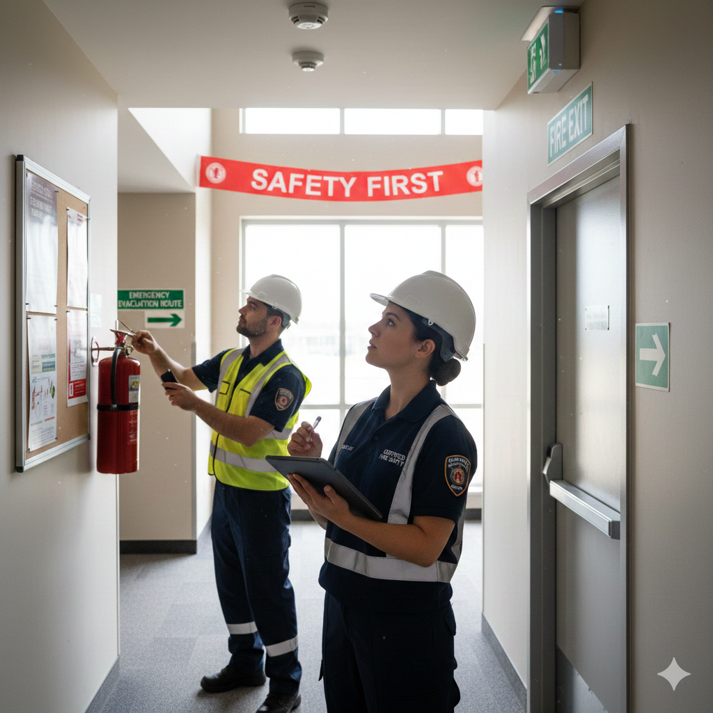 Fire safety assessors checking an extinguisher and escape route