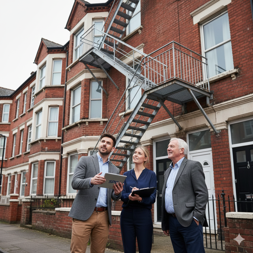 Assessors inspecting a converted terraced property with external fire escape